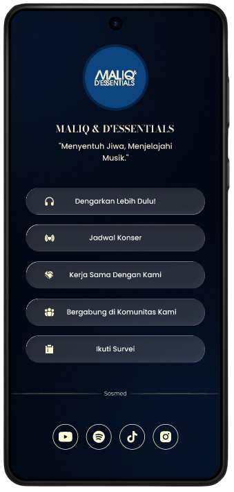MALIQ & D'ESSENTIALS mobile app interface showing music streaming features